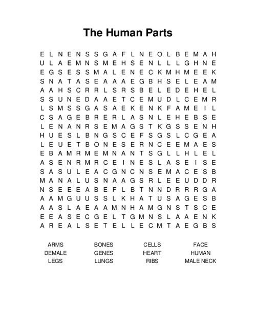 The Human Parts Word Search Puzzle