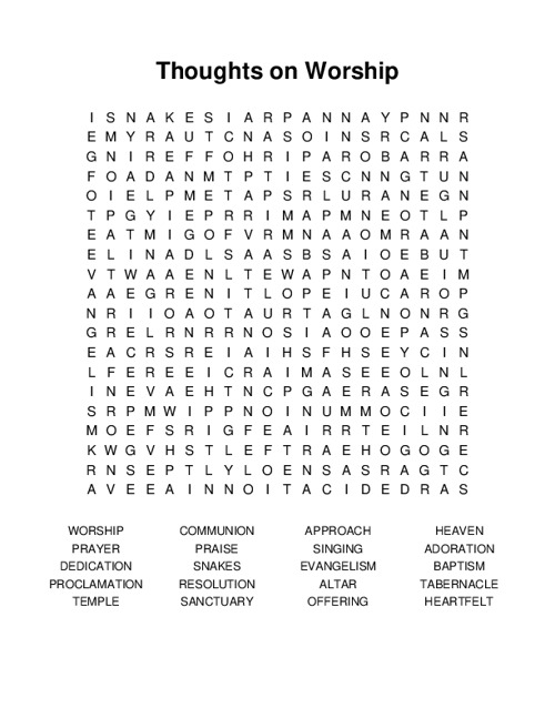 Thoughts on Worship Word Search Puzzle