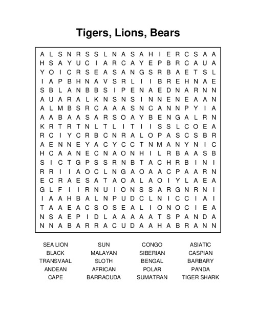 Tigers, Lions, Bears Word Search Puzzle