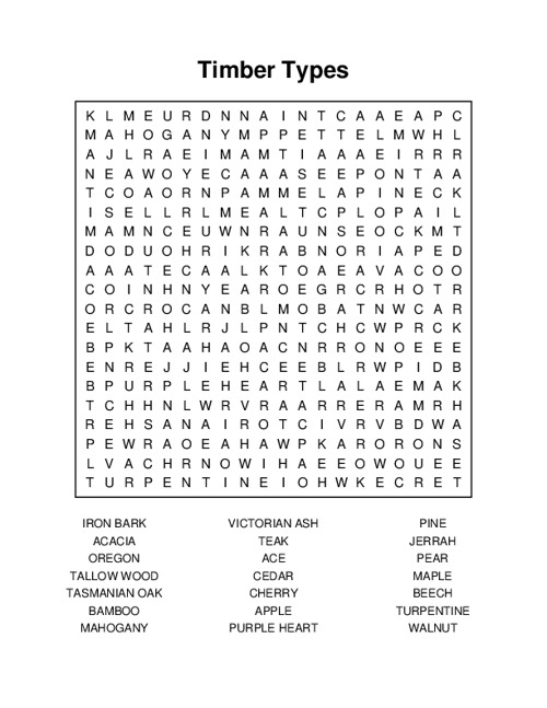 Timber Types Word Search Puzzle