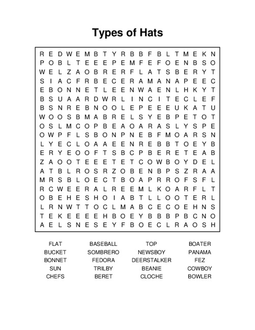 Types of Hats Word Search Puzzle