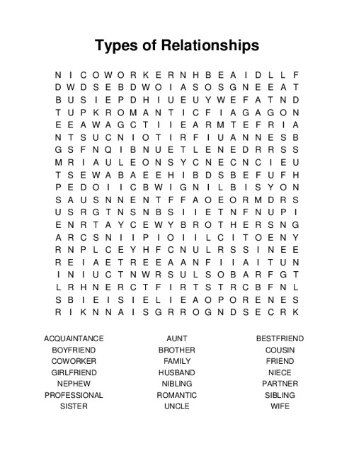 Types of Relationships Word Search Puzzle