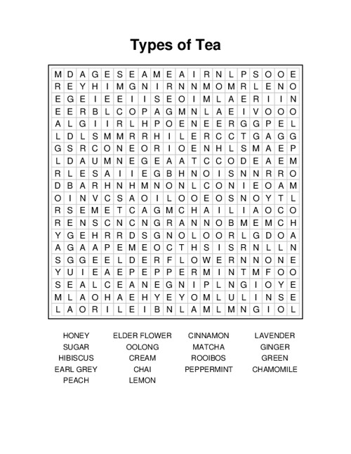 Types of Tea Word Search Puzzle