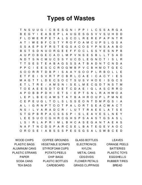 Types of Wastes Word Search Puzzle