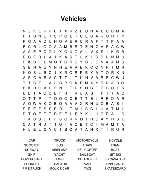 Vehicles Word Search Puzzle