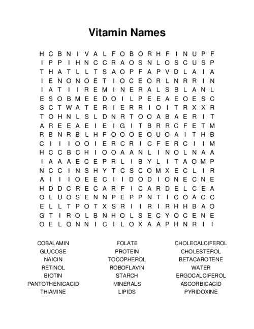 Vitamin Names Word Search Puzzle