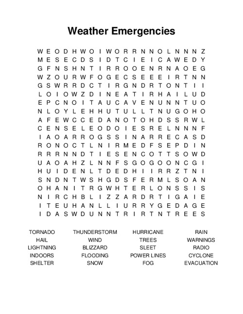 Weather Emergencies Word Search Puzzle