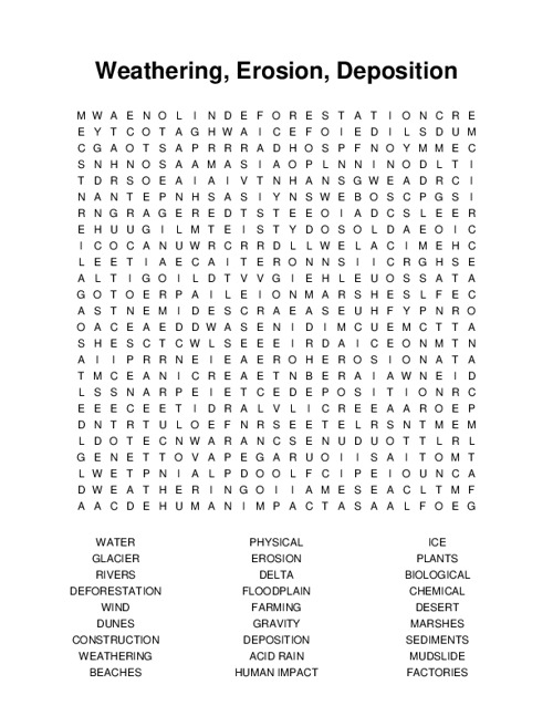 Weathering, Erosion, Deposition Word Search Puzzle