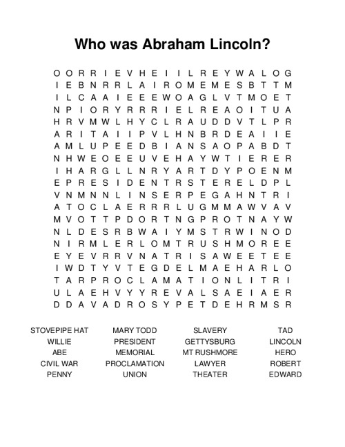 Who was Abraham Lincoln? Word Search Puzzle