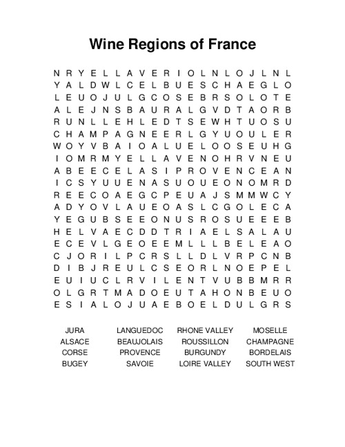 Wine Regions of France Word Search Puzzle