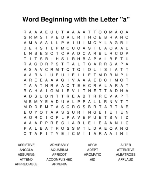 Word Beginning with the Letter a Word Search Puzzle