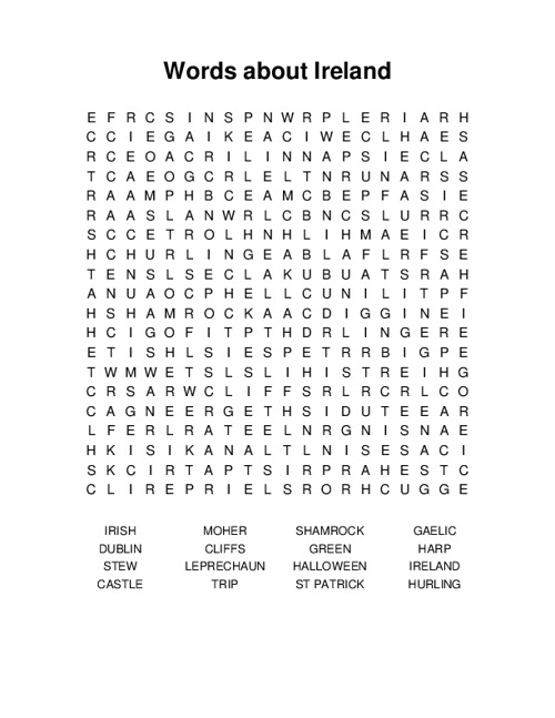 Words about Ireland Word Search Puzzle