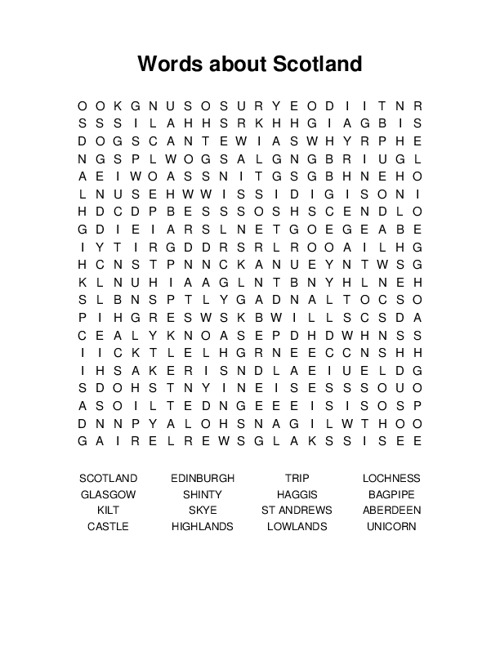 Words about Scotland Word Search Puzzle