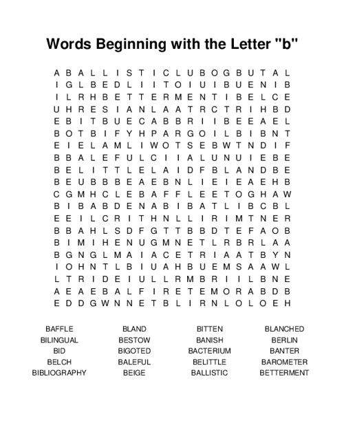 Words Beginning with the Letter b Word Search Puzzle