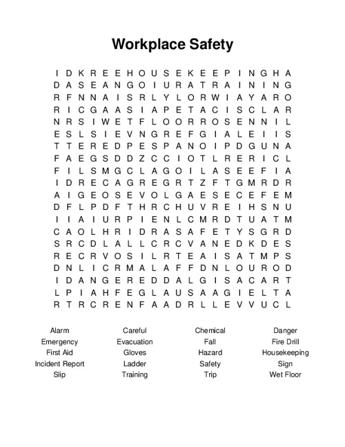 Workplace Safety Word Search Puzzle