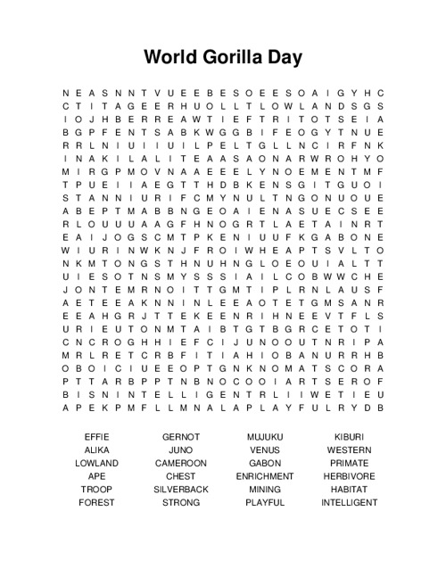 World Gorilla Day Word Search Puzzle