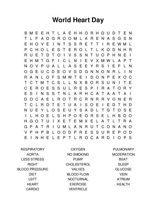 World Heart Day Word Search Puzzle