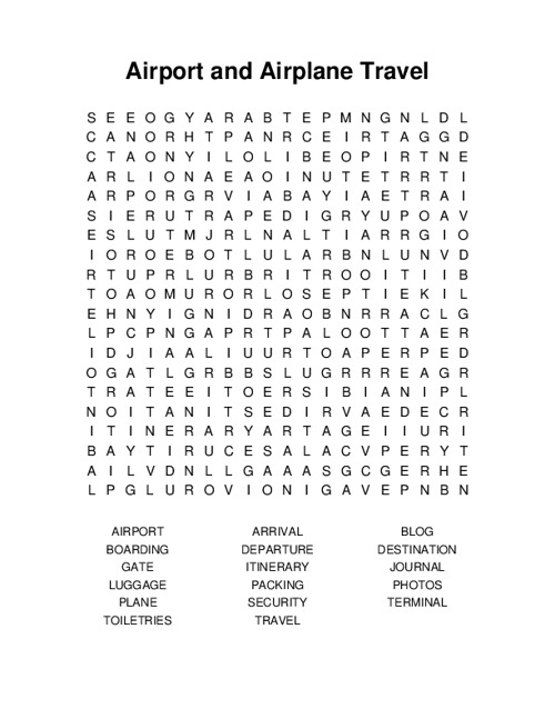 Airport and Airplane Travel Word Search Puzzle