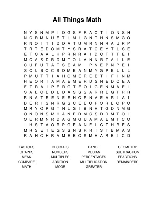 All Things Math Word Search Puzzle