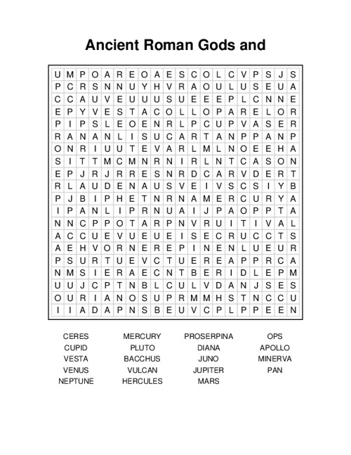 Ancient Roman Gods and Goddesses Word Search Puzzle