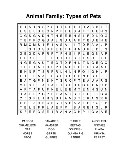 Animal Family: Types of Pets Word Search Puzzle