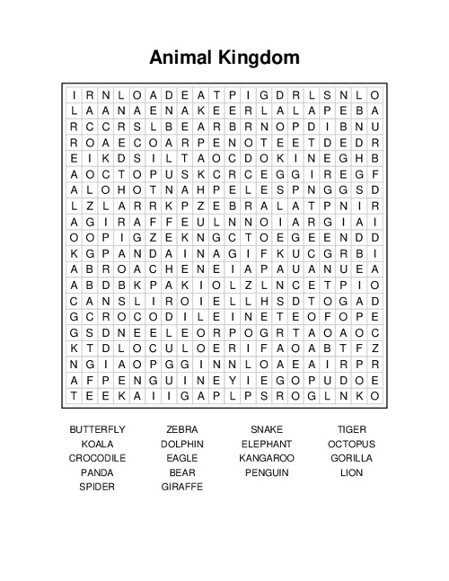 Animal Kingdom Word Search Puzzle