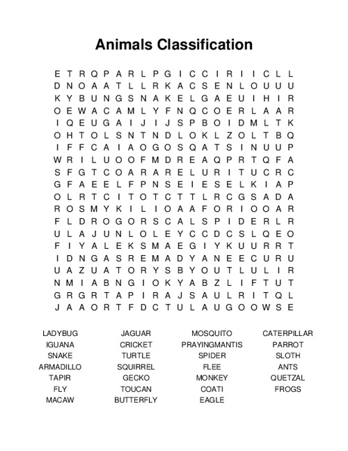 Animals Classification Word Search Puzzle