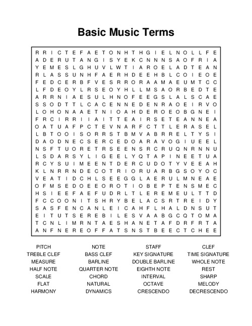 Basic Music Terms Word Search Puzzle