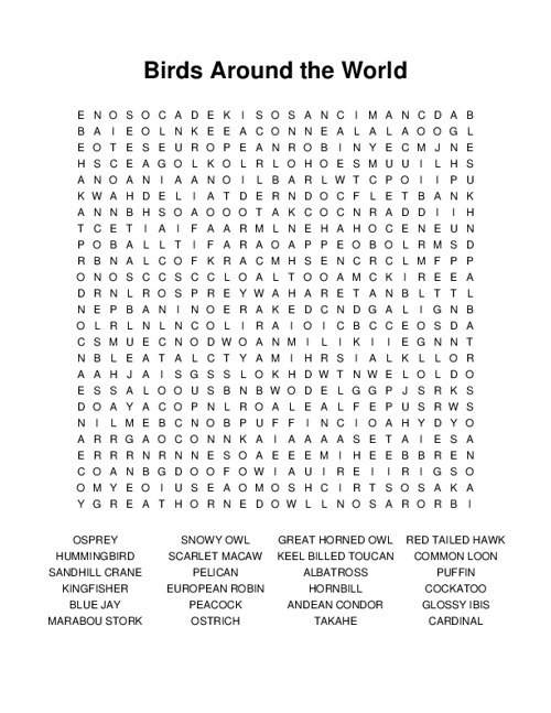 Birds Around the World Word Search Puzzle