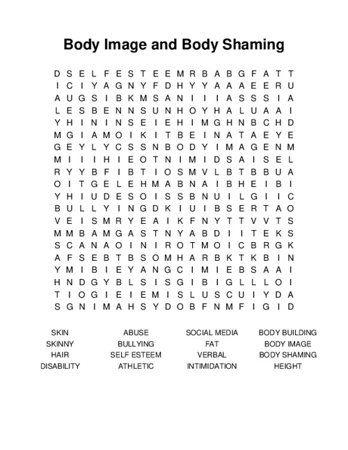 Body Image and Body Shaming Word Search Puzzle