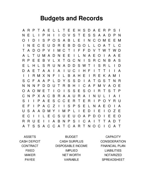 Budgets and Records Word Search Puzzle