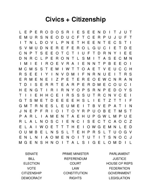 Civics + Citizenship Word Search Puzzle