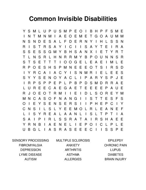 Common Invisible Disabilities Word Search Puzzle