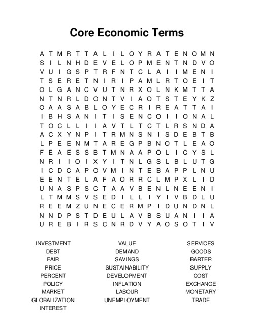 Core Economic Terms Word Search Puzzle