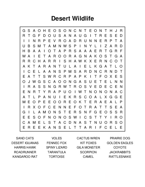 Desert Wildlife Word Search Puzzle