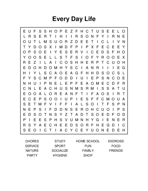 Every Day Life Word Search Puzzle