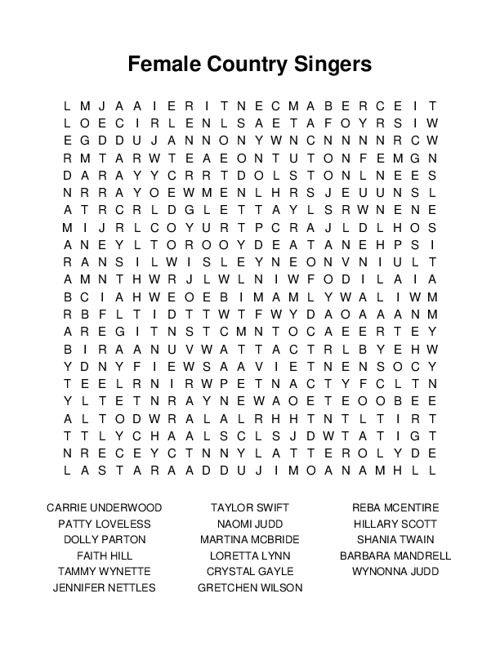 Female Country Singers Word Search Puzzle