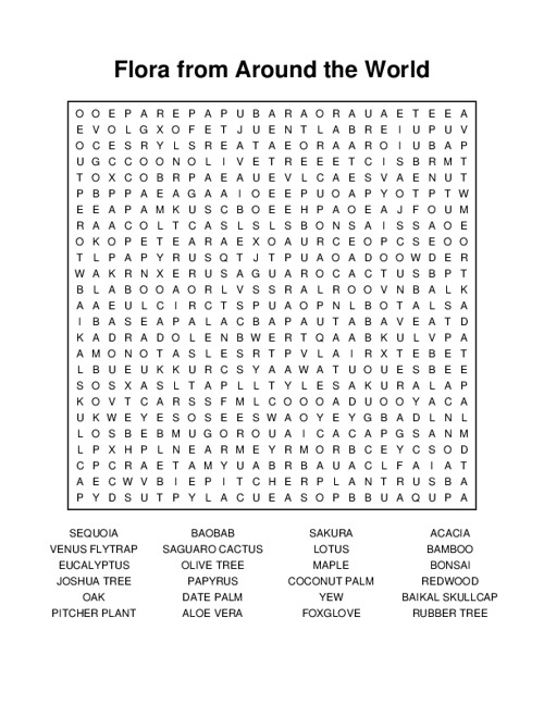 Flora from Around the World Word Search Puzzle