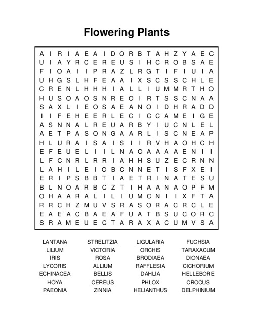 Flowering Plants Word Search Puzzle