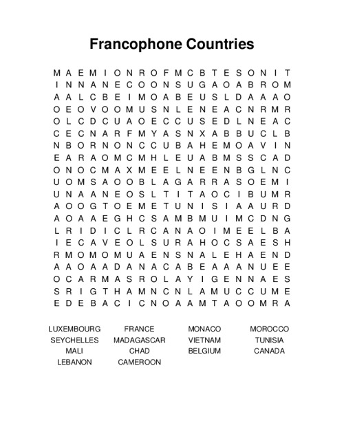 Francophone Countries Word Search Puzzle