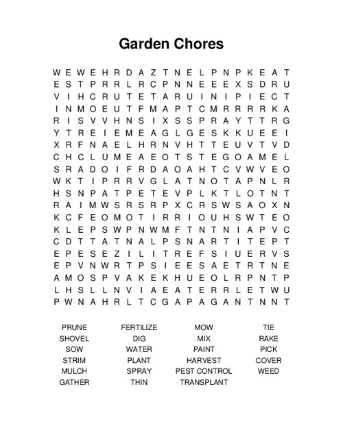 Garden Chores Word Search Puzzle