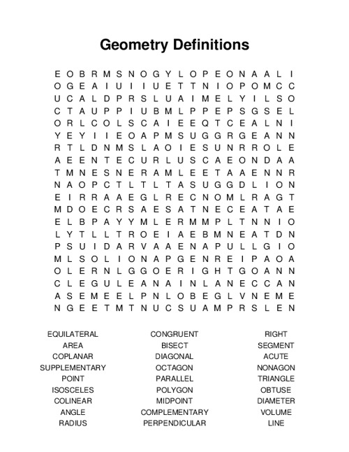 Geometry Definitions Word Search Puzzle