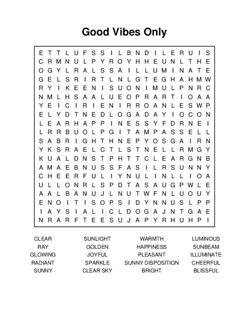 Good Vibes Only Word Search Puzzle