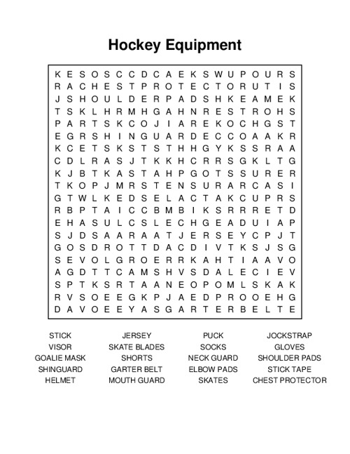 Hockey Equipment Word Search Puzzle