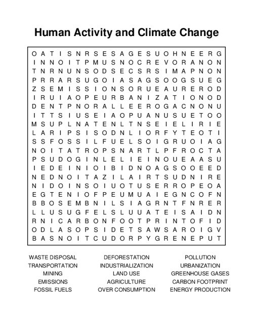 Human Activity and Climate Change Word Search Puzzle