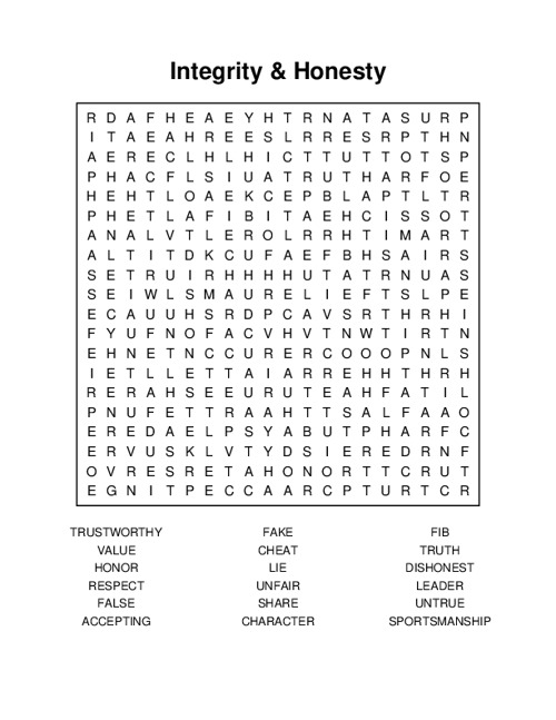 Integrity & Honesty Word Search Puzzle