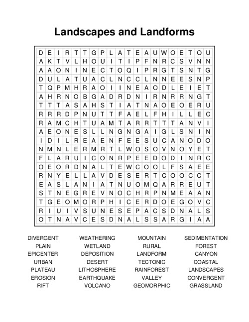 Landscapes and Landforms Word Search Puzzle