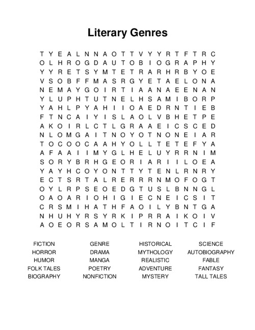 Literary Genres Word Search Puzzle