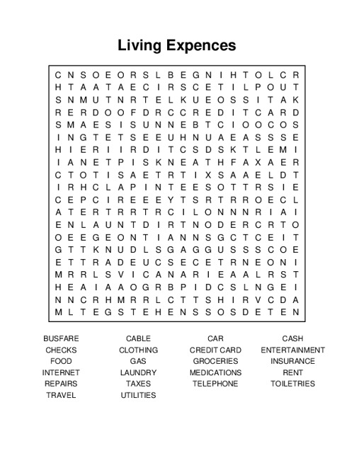 Living Expences Word Search Puzzle