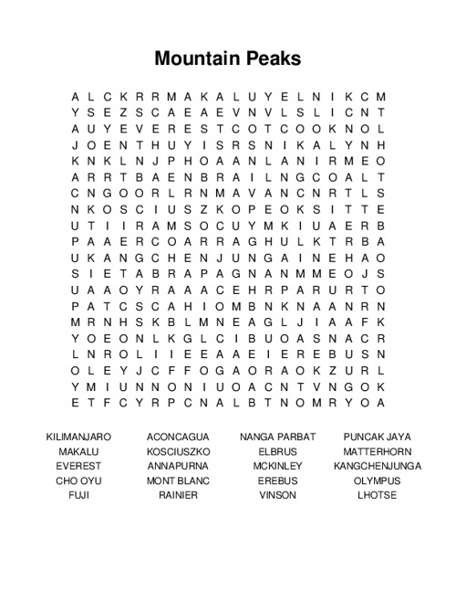 Mountain Peaks Word Search Puzzle